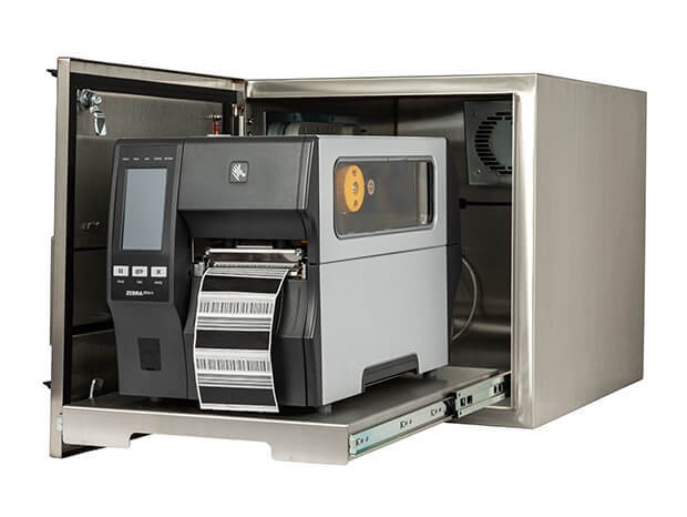 Ett IP65 Zebra industriella streckkodsskrivare hölje med en installerad ZT411-skrivare
