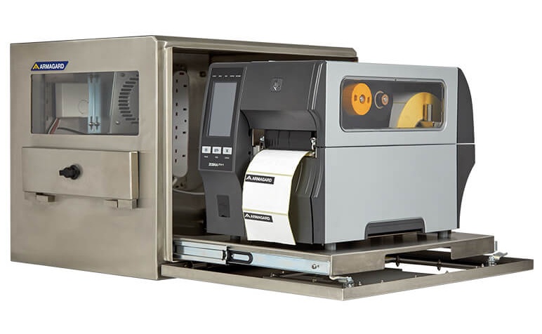 Ett vattentätt Zebra industriella streckkodsskrivare skåp med installerad ZT411-etikettskrivare