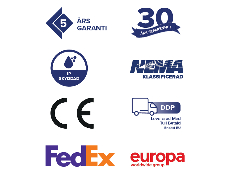 Ikoner som visar garantier, ackrediteringar och leveransalternativ från Armagard