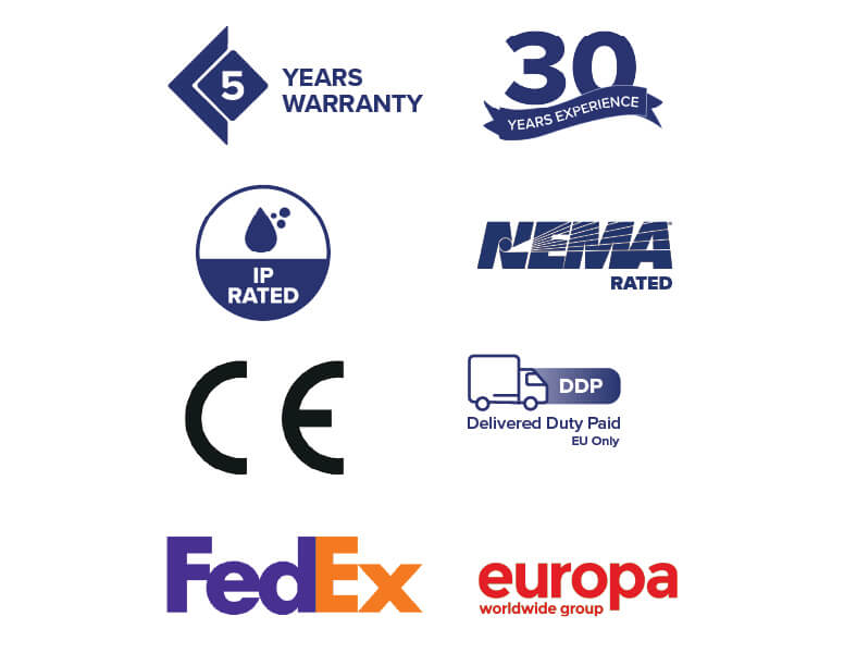 Ikoner som visar garantier, ackrediteringar och leveransalternativ från Armagard