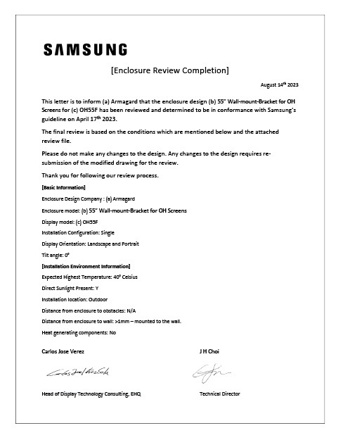 Samsung OH55F-designcertifikat för Armagards Samsung OH-serien väggfästen