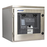 Vy framifrån från vänster av Zebra ZT620 skrivarskåp för renrum för miljöer som kräver högtryckstvätt